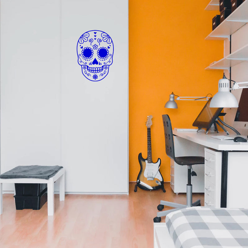 Vinyl Wall Art Decal - Day of The Dead Skull - 21" x 15" - Sugar Skull Mexican Holiday Seasonal Sticker - Kids Teens Adults Indoor Outdoor Wall Door Window Living Room Office Decor (21" x 15"; Blue) Blue 21" x 15" 2
