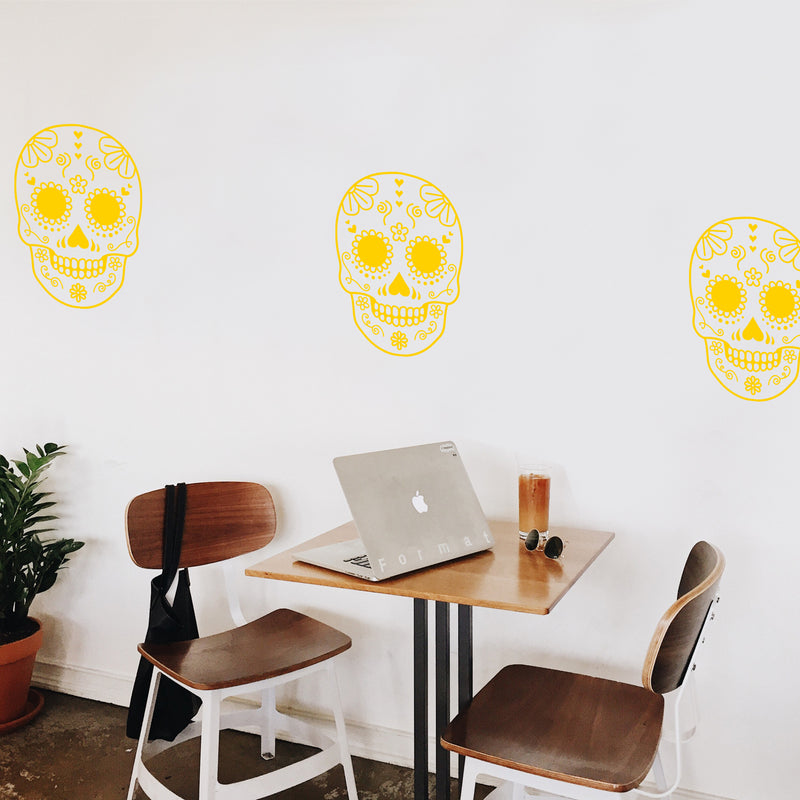 Vinyl Wall Art Decal - Day Of The Dead Skull - 21" x 15" - Sugar Skull Mexican Holiday Seasonal Sticker - Kids Teens Adults Indoor Outdoor Wall Door Window Living Room Office Decor (21" x 15"; Yellow) Yellow 21" x 15" 3