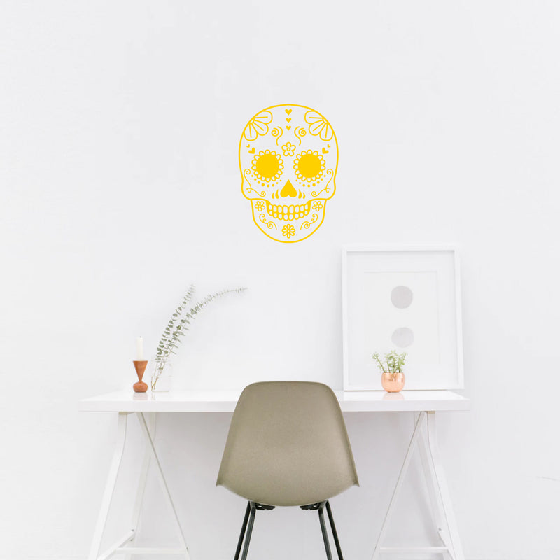 Vinyl Wall Art Decal - Day Of The Dead Skull - 21" x 15" - Sugar Skull Mexican Holiday Seasonal Sticker - Kids Teens Adults Indoor Outdoor Wall Door Window Living Room Office Decor (21" x 15"; Yellow) Yellow 21" x 15" 4
