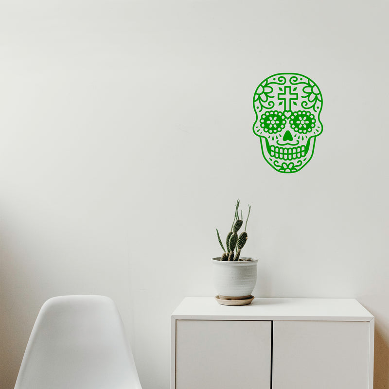 Vinyl Wall Art Decal - Day of The Dead Skull with Cross - 14" x 10" - Sugar Skull Mexican Holiday Seasonal Sticker - Teens Adults Indoor Outdoor Wall Door Living Room Office Decor (14" x 10"; Green) Green 14" x 10" 2