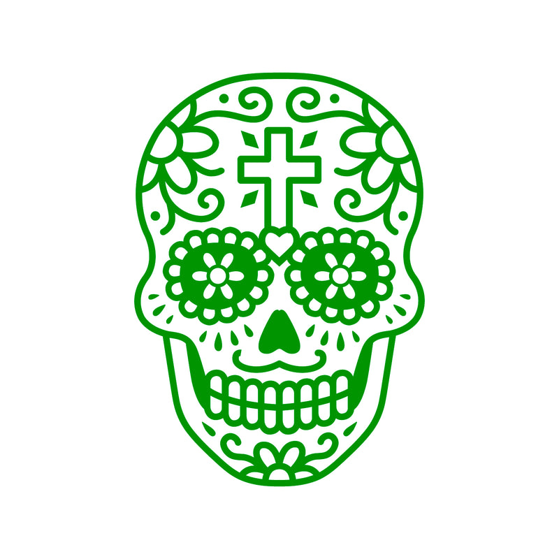 Vinyl Wall Art Decal - Day of The Dead Skull with Cross - 14" x 10" - Sugar Skull Mexican Holiday Seasonal Sticker - Teens Adults Indoor Outdoor Wall Door Living Room Office Decor (14" x 10"; Green) Green 14" x 10" 3