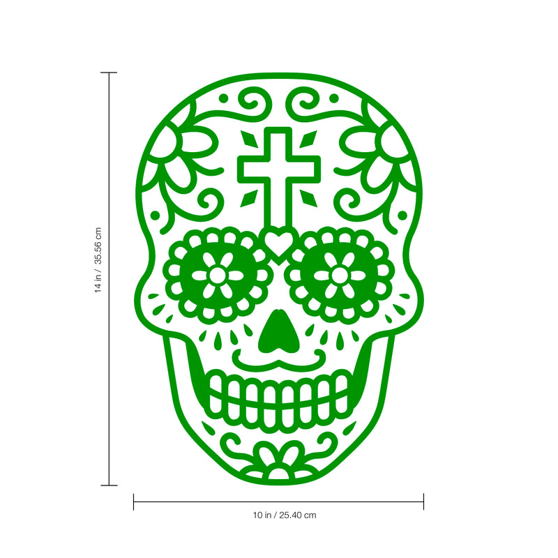 Vinyl Wall Art Decal - Day of The Dead Skull with Cross - 14" x 10" - Sugar Skull Mexican Holiday Seasonal Sticker - Teens Adults Indoor Outdoor Wall Door Living Room Office Decor (14" x 10"; Green) Green 14" x 10" 4