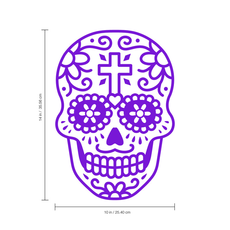 Vinyl Wall Art Decal - Day of The Dead Skull with Cross - 14" x 10" - Sugar Skull Mexican Holiday Seasonal Sticker - Teens Adults Indoor Outdoor Wall Door Living Room Office Decor (14" x 10"; Purple) Purple 14" x 10" 3