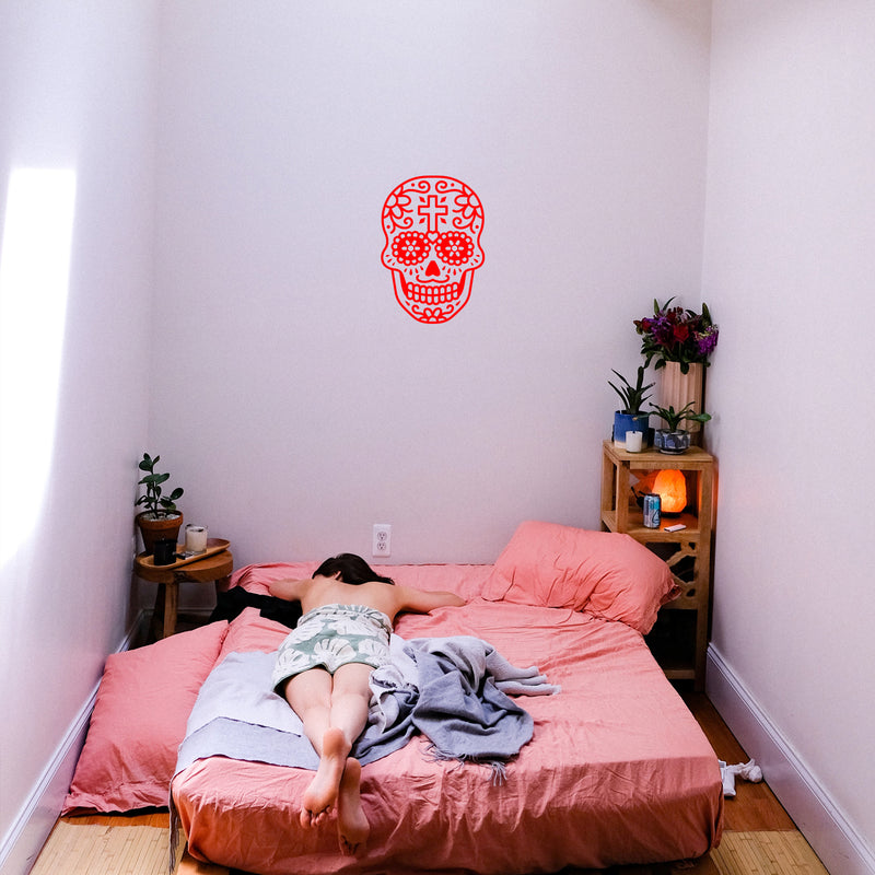 Vinyl Wall Art Decal - Day of The Dead Skull with Cross - 14" x 10" - Sugar Skull Mexican Holiday Seasonal Sticker - Teens Adults Indoor Outdoor Wall Door Living Room Office Decor (14" x 10"; Red) Red 14" x 10"