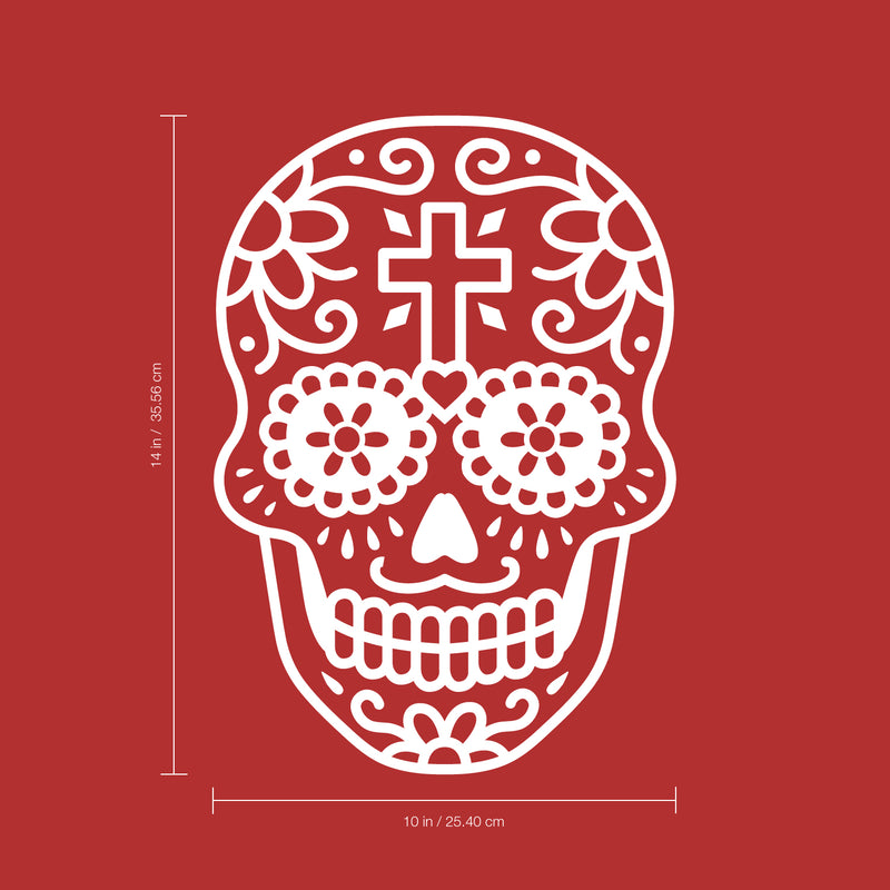 Vinyl Wall Art Decal - Day of The Dead Skull with Cross - 14" x 10" - Sugar Skull Mexican Holiday Seasonal Sticker - Teens Adults Indoor Outdoor Wall Door Living Room Office Decor (14" x 10"; White) White 14" x 10" 3