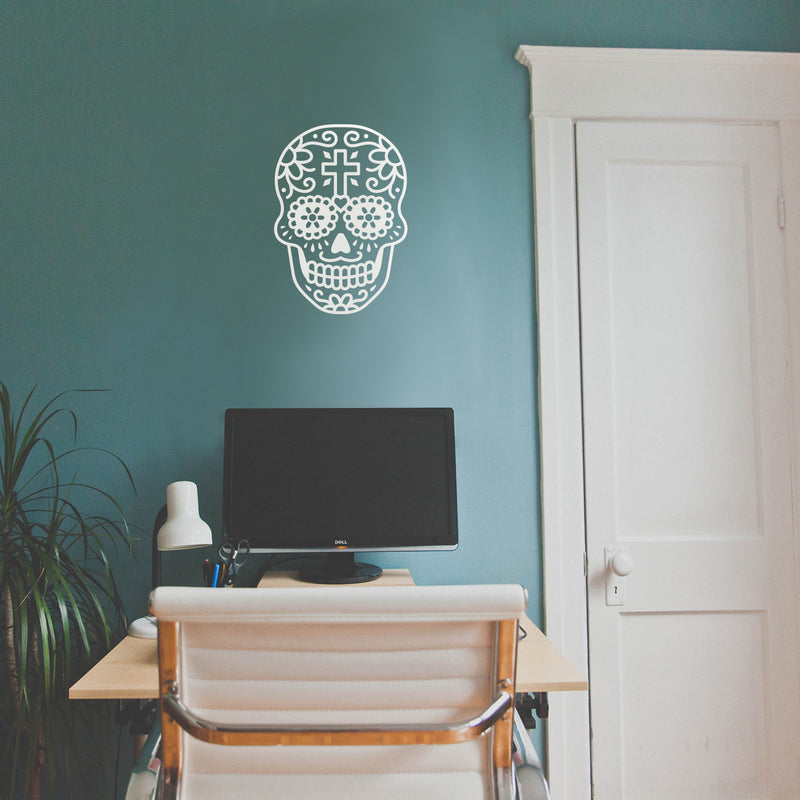 Vinyl Wall Art Decal - Day of The Dead Skull with Cross - 14" x 10" - Sugar Skull Mexican Holiday Seasonal Sticker - Teens Adults Indoor Outdoor Wall Door Living Room Office Decor (14" x 10"; White) White 14" x 10" 4