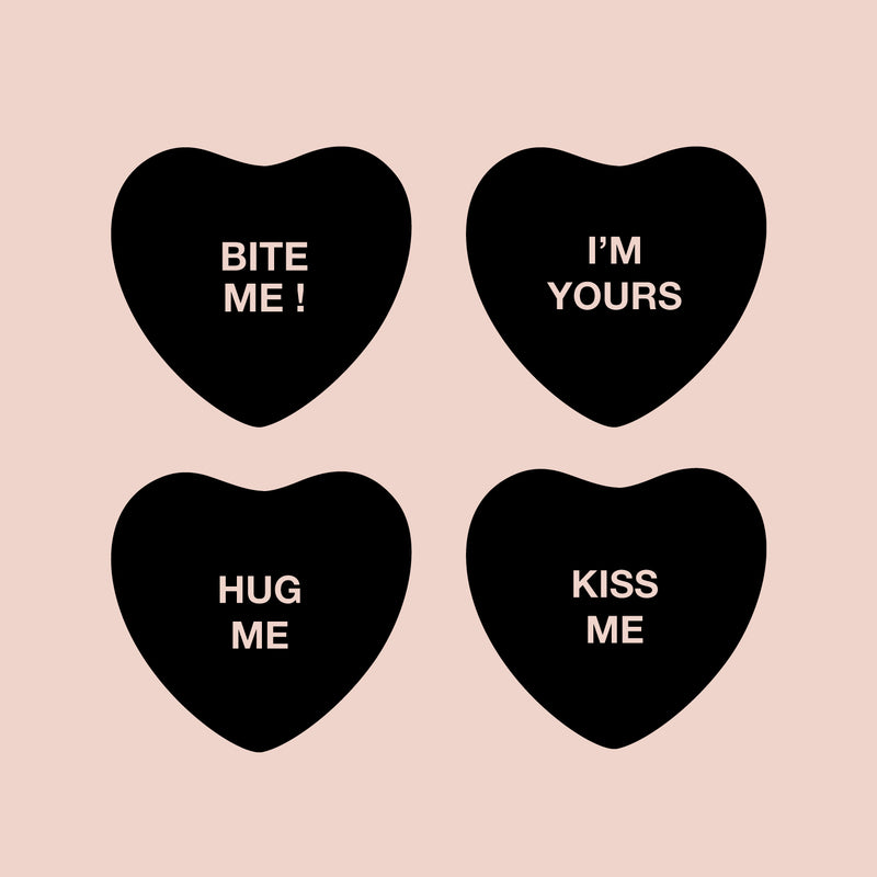 Set of 4 Valentines Day Vinyl Wall Art Decal - Assorted Heart Candies - Each - Valentine’s Home Living Room Bedroom Fun Indoor Outdoor Apartment Coffee Shop Decor (Each; Black)   4