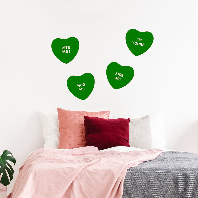 Set of 4 Valentines Day Vinyl Wall Art Decal - Assorted Heart Candies - 10" x 11" Each - Valentine’s Home Living Room Bedroom Fun Indoor Outdoor Apartment Coffee Shop Decor (10" x 11" Each; Green) Green 10" x 11" each 3
