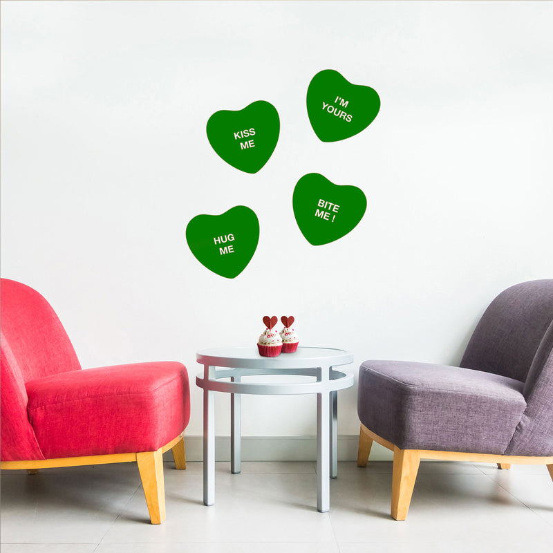 Set of 4 Valentines Day Vinyl Wall Art Decal - Assorted Heart Candies - 10" x 11" Each - Valentine’s Home Living Room Bedroom Fun Indoor Outdoor Apartment Coffee Shop Decor (10" x 11" Each; Green) Green 10" x 11" each 4