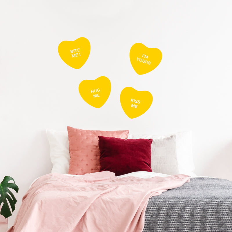 Set of 4 Valentines Day Vinyl Wall Art Decal - Assorted Heart Candies - 10" x 11" Each - Valentine’s Home Living Room Bedroom Fun Indoor Outdoor Apartment Coffee Shop Decor (10" x 11" Each; Yellow) Yellow 10" x 11" each