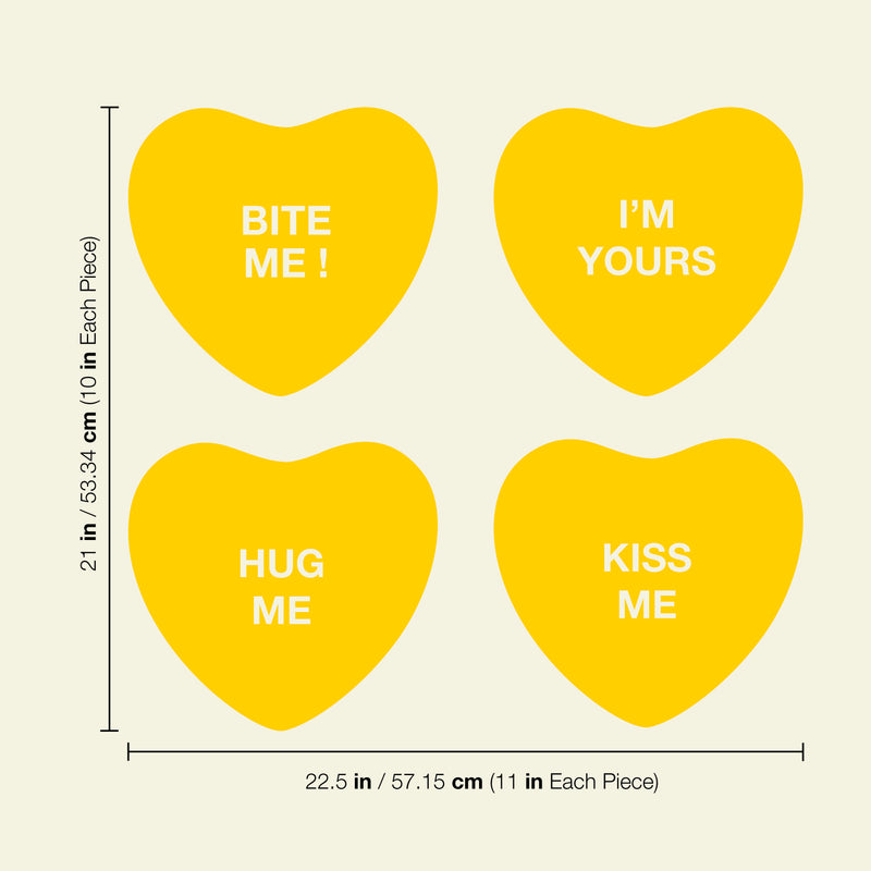 Set of 4 Valentines Day Vinyl Wall Art Decal - Assorted Heart Candies - 10" x 11" Each - Valentine’s Home Living Room Bedroom Fun Indoor Outdoor Apartment Coffee Shop Decor (10" x 11" Each; Yellow) Yellow 10" x 11" each 2