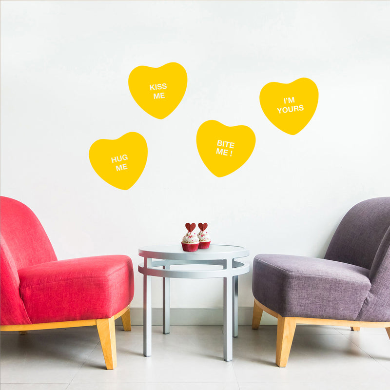 Set of 4 Valentines Day Vinyl Wall Art Decal - Assorted Heart Candies - 10" x 11" Each - Valentine’s Home Living Room Bedroom Fun Indoor Outdoor Apartment Coffee Shop Decor (10" x 11" Each; Yellow) Yellow 10" x 11" each 3