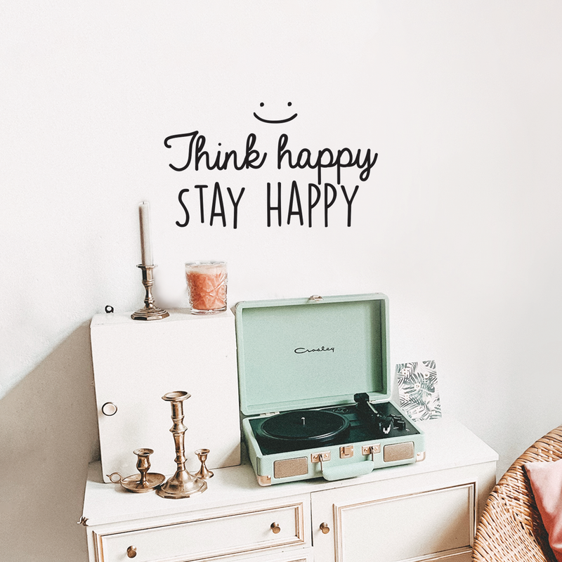 Vinyl Wall Art Decal - Think Happy Stay Happy - 14.5" x 25" - Modern Inspirational Sticker Quote For Home Bedroom Living Room Kids Room Playroom Classroom Office Decor Black 14.5" x 25" 3