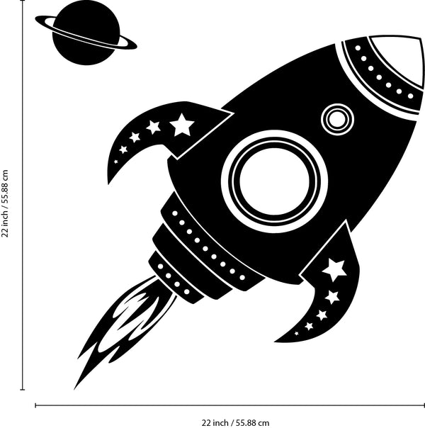 Vinyl Wall Decal Sticker Art - Spaceship Rocket and Planet - Kids Room Wall Art - Children's Bedroom Decor - Boys Nursery Decoration