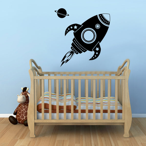 Imprinted Designs Vinyl Wall Decal Sticker Art - Spaceship Rocket and Planet - 22" x 22" - Kids Room Wall Art - Children’s Bedroom Decor - Boys Nursery Decoration Black 28" x 16" 2