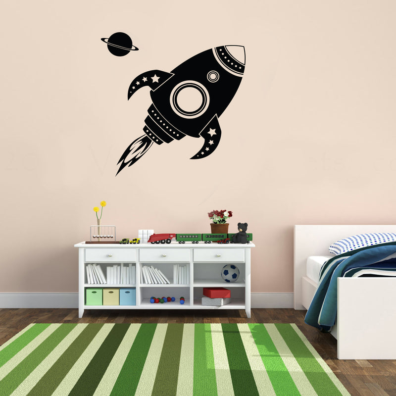 Imprinted Designs Vinyl Wall Decal Sticker Art - Spaceship Rocket and Planet - 22" x 22" - Kids Room Wall Art - Children’s Bedroom Decor - Boys Nursery Decoration Black 28" x 16" 3