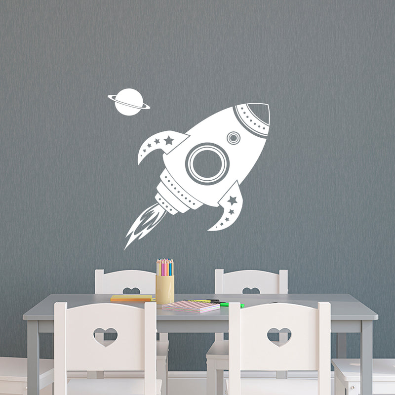 Imprinted Designs Spaceship Rocket with Planet Wall Decal Sticker Art in White - 22" x 22" - Kids Room Wall Art - Children’s Room Decor - Cute Boy’s Nursery Wall Decorations White 28" x 16" 2