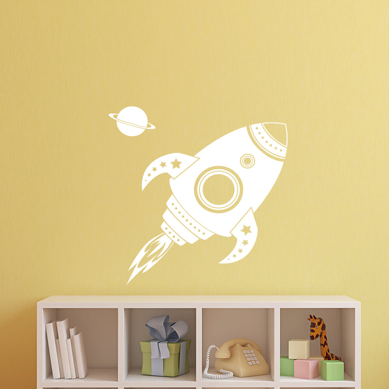 Imprinted Designs Spaceship Rocket with Planet Wall Decal Sticker Art in White - 22" x 22" - Kids Room Wall Art - Children’s Room Decor - Cute Boy’s Nursery Wall Decorations White 28" x 16" 4