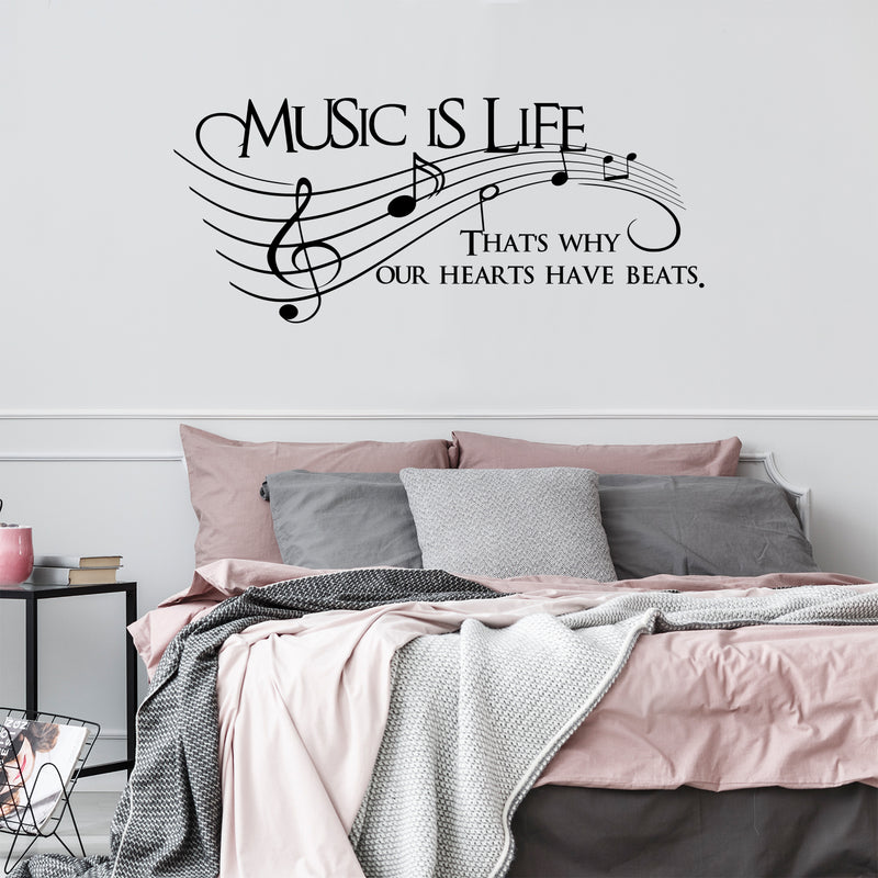Imprinted Designs Music Is Life. That’s Why Our Hearts Have Beats Vinyl Wall Decal Sticker Art 26" X 60" Black 26" x 60" 2