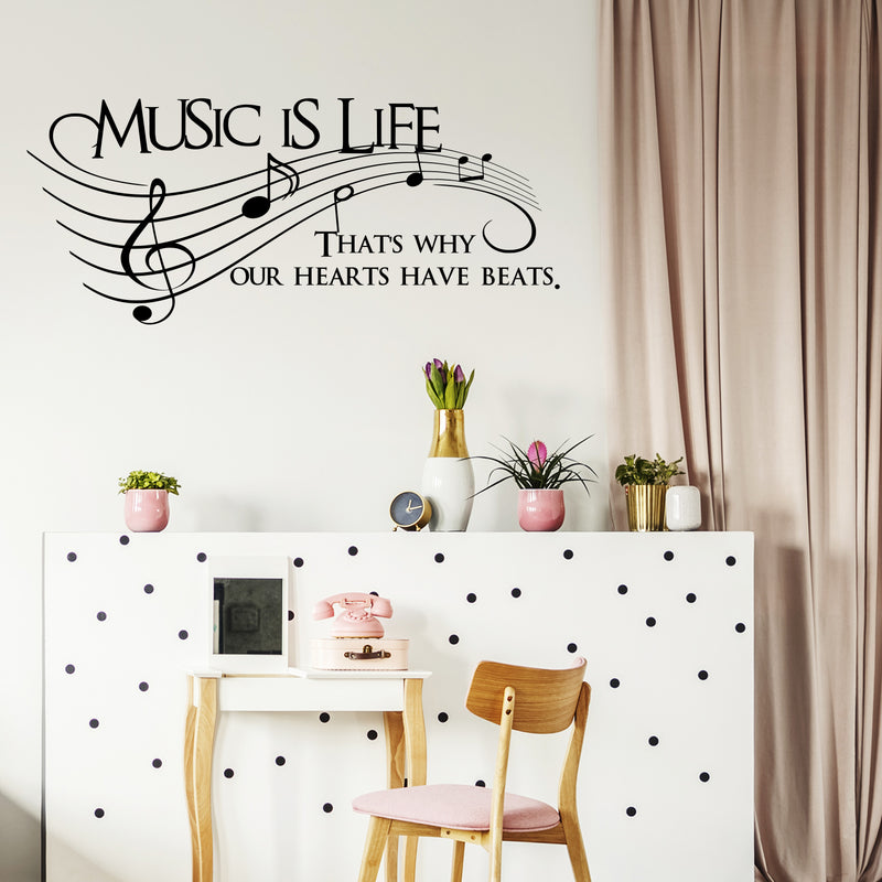 Imprinted Designs Music Is Life. That’s Why Our Hearts Have Beats Vinyl Wall Decal Sticker Art 26" X 60" Black 26" x 60" 4