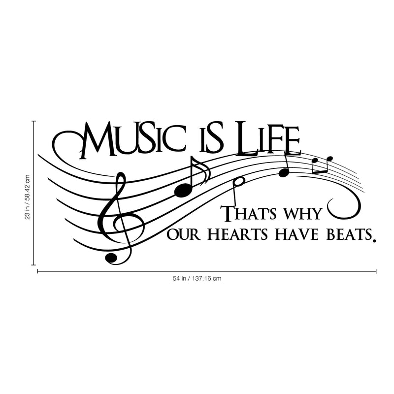 Imprinted Designs Music Is Life. That’s Why Our Hearts Have Beats Vinyl Wall Decal Sticker Art 26" X 60" Black 26" x 60" 5