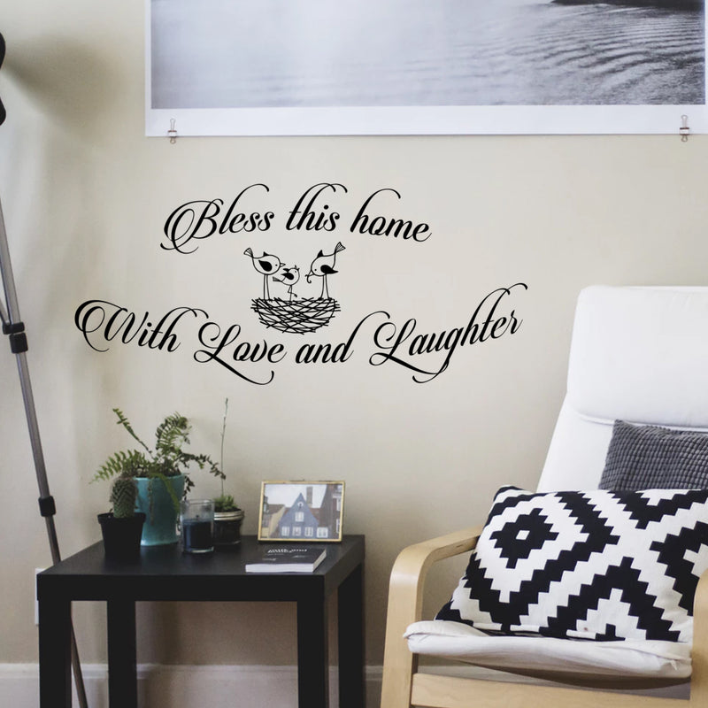 Bless This Home With Love and Laughter - Inspirational Quotes Wall Art Vinyl Decal - 15" X 48" Decoration Vinyl Sticker - Motivational Wall Art Decal - Bedroom Living Room Decor - Trendy Wall Art Black 15" X 48" 2