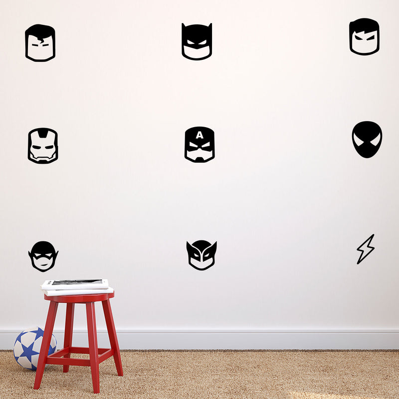 9 Pack of Superheroes Vinyl Wall Art Stickers - 2" x 2" Each - Boys Room Avengers Superheroes Vinyl Wall Decals - Justice League Hero Vinyl Peel Off Stickers Black 2" x 2" 2