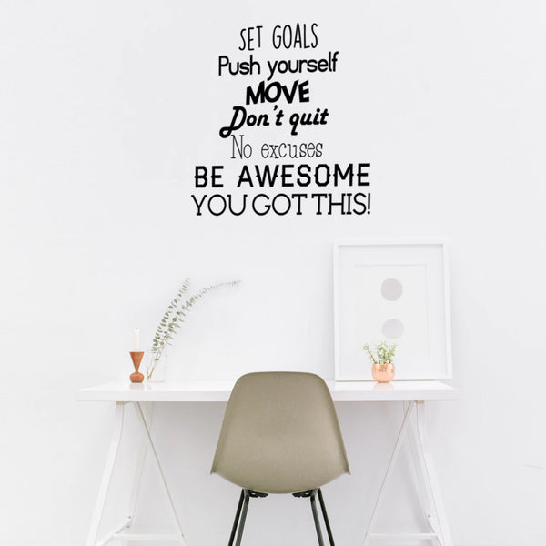 Set Goals; Push Yourself; Don't Quit - Inspirational Quotes Wall Art Vinyl Decal - Gym Quotes Decoration Vinyl Sticker - Motivational Wall Art Decal - Life quotes vinyl sticker wall decor