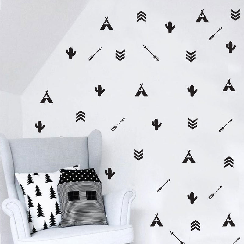 Set of 36 Tribal Wall Decals - 1.5" x 1.5" - Bedroom Wall Art Vinyl Stickers - Apartment Vinyl Decal - Kids Room Vinyl Wall Stickers - Cactus and Arrows Wall Pattern Decals Black 1.5" x 1.5"