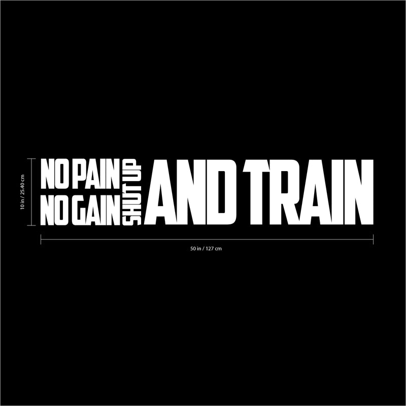 No Pain No Gain Shut Up And Train - Inspirational Quotes Wall Art - 10" x 50" Workout Wall Decals - Gym Wall Decal Stickers - Fitness Vinyl - Motivational Gym Decals - Sports Vinyl Sticker (White) White 10" x 50" 3