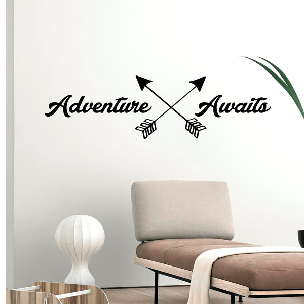 Adventure Awaits Lettering - Inspirational Life Quotes - Wall Art Decal - Decoration Vinyl Sticker - Apartment Bedroom Living Room Vacations Travel Peel Off Stickers (11" x 39"; White)