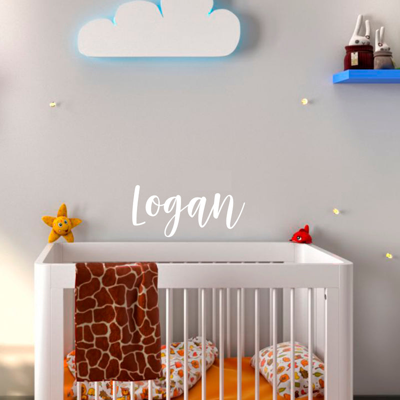 Vinyl Wall Art Decal Boys Custom Name - ’Logan’ Custom Text Name - 12" x 29" - Little Boys Bedroom Vinyl Wall Decals - Cute Wall Art Decals for Baby Boy Nursery Room Decor (12" x 29"; White Cursive) White 12" x 29"
