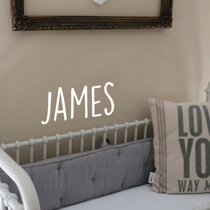 Vinyl Wall Art Decal Boys Custom Name - ’James’ Custom Text Name - 12" x 29" - Little Boys Bedroom Vinyl Wall Decals - Cute Wall Art Decals for Baby Boy Nursery Room Decor (12" x 29"; White Text) White 12" x 29" 2