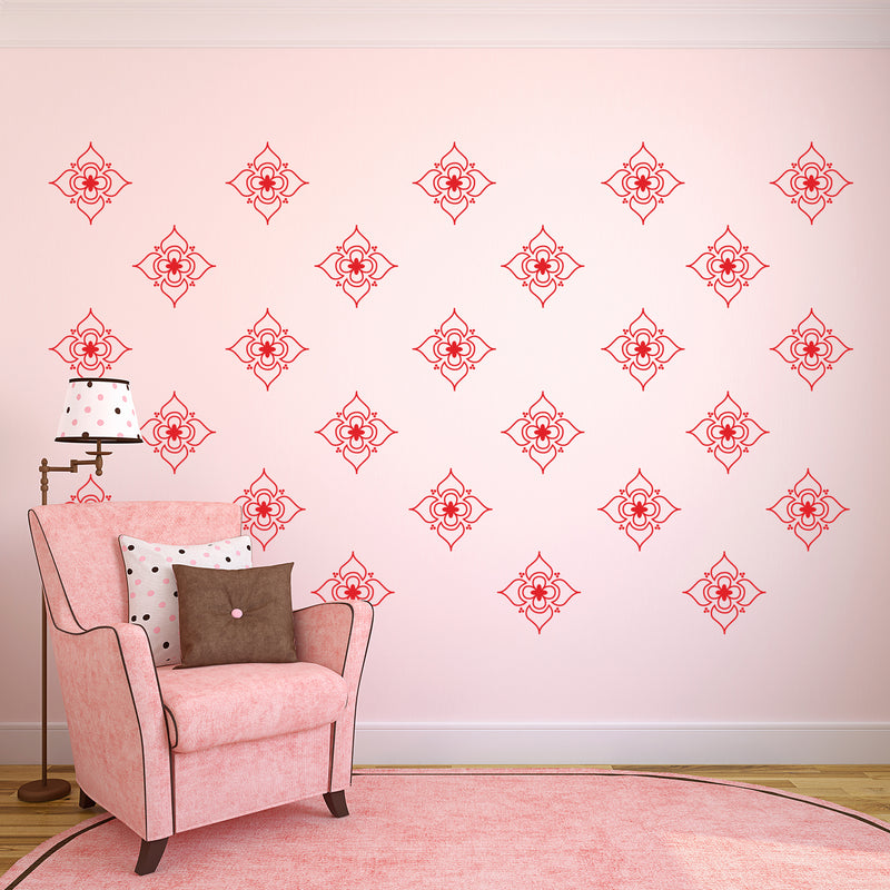 Set of 20 Vinyl Wall Art Decals - Pretty Flowers Pattern - 5" x 5" Each - Bedroom Living Room Office Dorm Room Girly Home Decor - Trendy Apartment Stencil Adhesive Stickers (5" x 5" Each; Red) Red 5" x 5" each