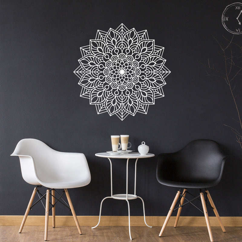Vinyl Wall Art Decal - Mandala Figure - 23" x 23" - Adhesive Vinyl Sticker Decals - Home Apartment Workplace Decor - Yoga Studio Namaste Meditation Mandala Bohemian Flower (23" x 23"; White) White 23" x 23"