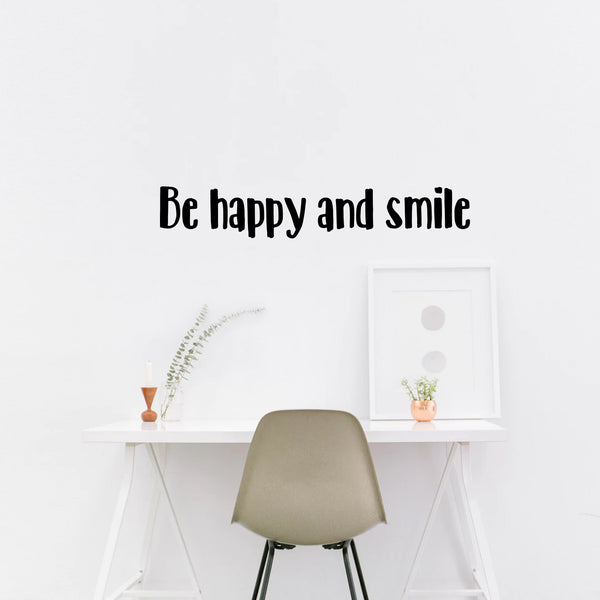 Vinyl Wall Art Decal - Be Happy and Smile - Motivational Positive Quotes Stencil Adhesive - Waterproof Indoor Outdoor Bedroom Living Room Workplace Use (5" x 30"; Black Text)