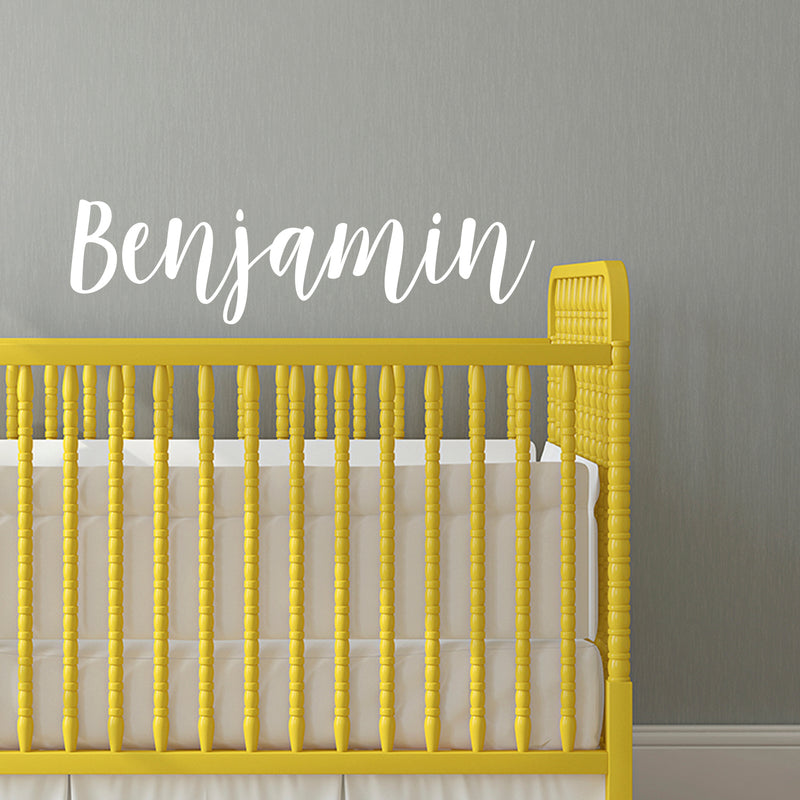 Vinyl Wall Art Decal Boys Custom Name - ’Benjamin’ Custom Text Name- 10" x 40" - Little Boys Bedroom Vinyl Wall Decals - Cute Wall Art for Baby Boy Nursery Room Decor (10" x 40"; White Cursive) White 10" x 40"