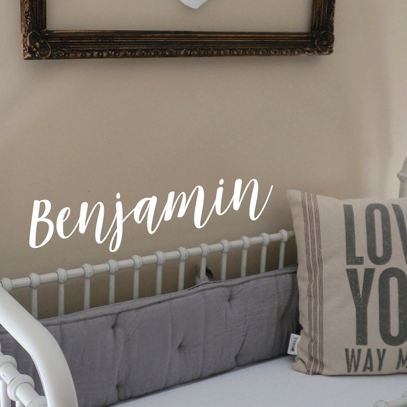 Vinyl Wall Art Decal Boys Custom Name - ’Benjamin’ Custom Text Name- 10" x 40" - Little Boys Bedroom Vinyl Wall Decals - Cute Wall Art for Baby Boy Nursery Room Decor (10" x 40"; White Cursive) White 10" x 40" 2