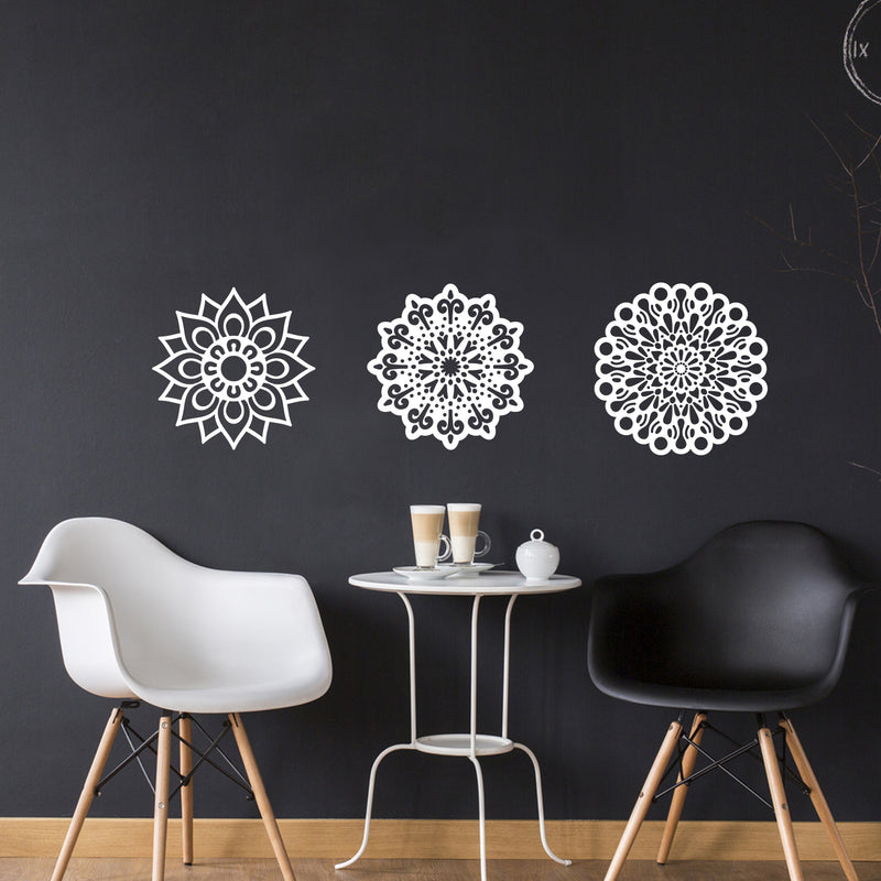 Vinyl Wall Art Decal - Set Of 3 Mandalas - 20" x 20" - Sticker Vinyl For Home Apartment Workplace Use - Beautiful Geometric Universe Symbol For Living Room Dorm Room Yoga Meditation (20" x 20"; White) White 20" x 20"