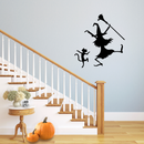 Vinyl Wall Art Decal - Dancing Witch And Cat - 24. Fun Halloween Theme Seasonal Decoration Sticker - Indoor Outdoor Wall Door Window Living Room Office Decor