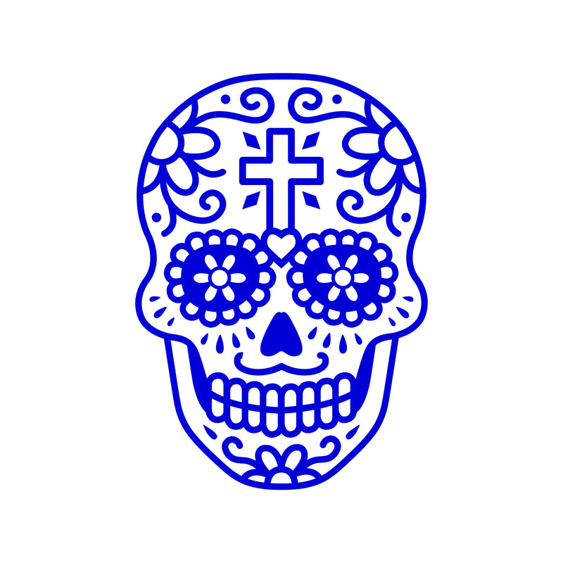 Vinyl Wall Art Decal - Day of The Dead Skull with Cross - 14" x 10" - Sugar Skull Mexican Holiday Seasonal Sticker - Teens Adults Indoor Outdoor Wall Door Living Room Office Decor (14" x 10"; Blue) Blue 14" x 10" 2