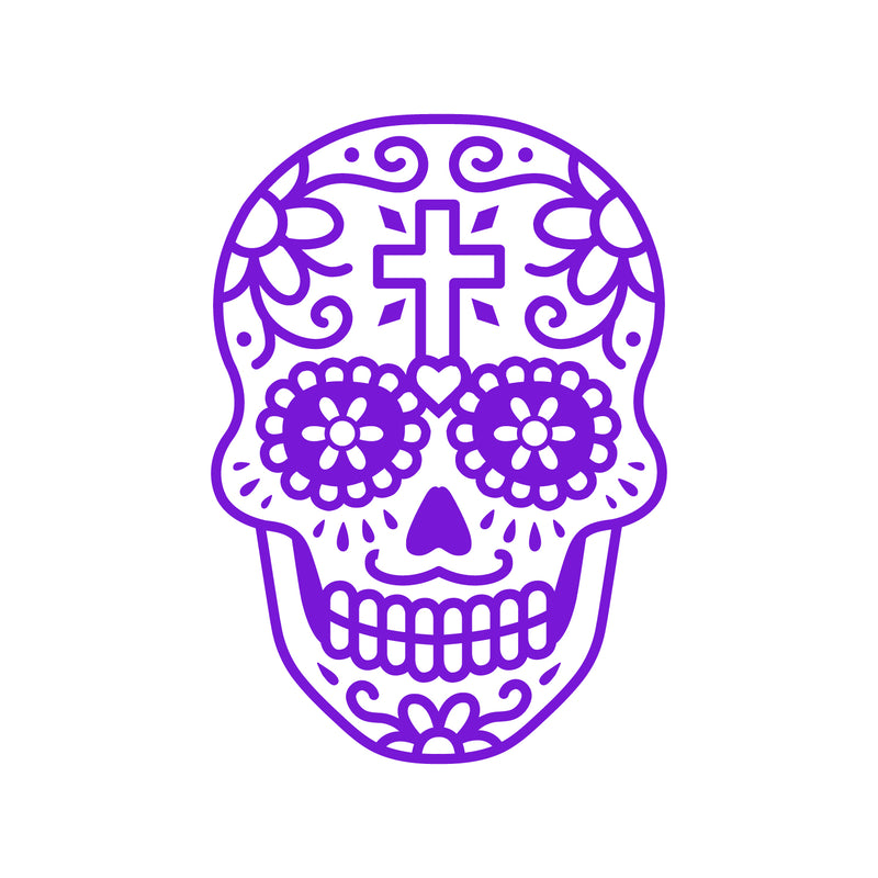 Vinyl Wall Art Decal - Day of The Dead Skull with Cross - 14" x 10" - Sugar Skull Mexican Holiday Seasonal Sticker - Teens Adults Indoor Outdoor Wall Door Living Room Office Decor (14" x 10"; Purple) Purple 14" x 10" 2