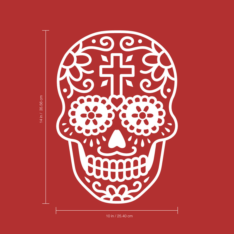 Vinyl Wall Art Decal - Day of The Dead Skull with Cross - 14" x 10" - Sugar Skull Mexican Holiday Seasonal Sticker - Teens Adults Indoor Outdoor Wall Door Living Room Office Decor (14" x 10"; White) White 14" x 10" 3
