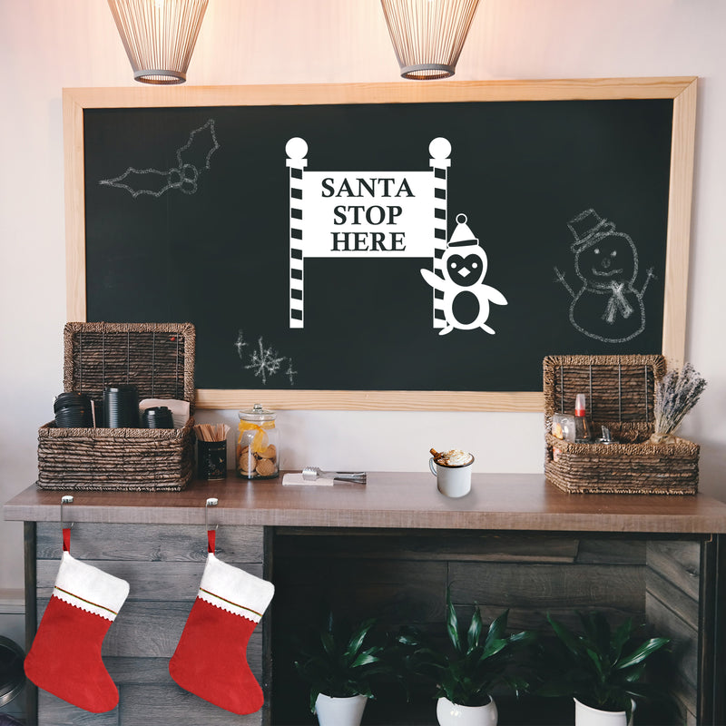 Vinyl Wall Art Decal - Santa Stop with Penguin Sign - 23" x 26" - Holiday Seasonal Sticker - Indoor Outdoor Home Apartment Office Wall Door Window Bedroom Workplace Decor Decals (23" x 26"; White) White 23" x 26"