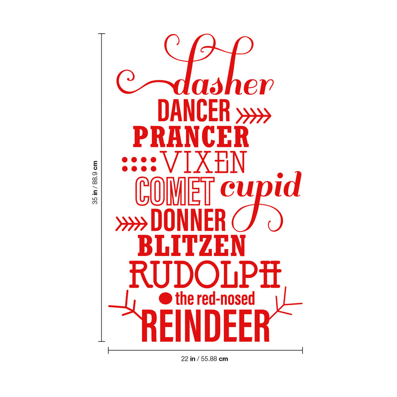 Vinyl Wall Art Decal - Santa’s Reindeer Names - 35" x 22" - Holiday Christmas Seasonal Sticker - Indoor Home Apartment Office Wall Door Window Bedroom Workplace Decor Decals (35" x 22"; Red) Red 35" x 22"