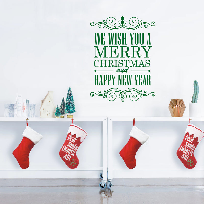 Vinyl Wall Art Decal - We Wish You A Merry Christmas and Happy New Year - 30" x 23" - Christmas Holiday Seasonal Sticker - Home Apartment Wall Door Window Work Decor Decals (30" x 23"; Green) Green 30" x 23" 3