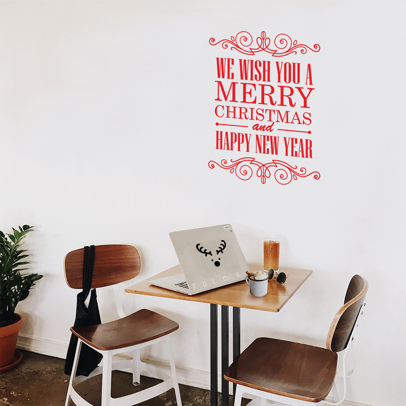 Vinyl Wall Art Decal - We Wish You A Merry Christmas and Happy New Year - 30" x 23" - Christmas Holiday Seasonal Sticker - Home Apartment Wall Door Window Work Decor Decals (30" x 23"; Red) Red 30" x 23" 2