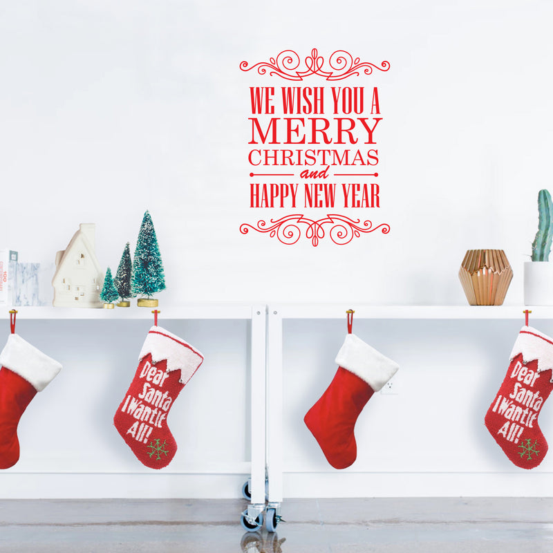 Vinyl Wall Art Decal - We Wish You A Merry Christmas and Happy New Year - 30" x 23" - Christmas Holiday Seasonal Sticker - Home Apartment Wall Door Window Work Decor Decals (30" x 23"; Red) Red 30" x 23" 3