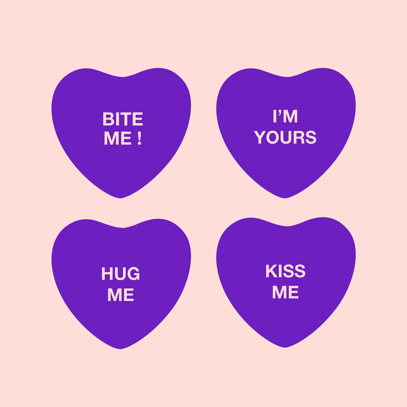 Set of 4 Valentines Day Vinyl Wall Art Decal - Assorted Heart Candies - 10" x 11" Each - Valentine’s Home Living Room Bedroom Fun Indoor Outdoor Apartment Coffee Shop Decor (10" x 11" Each; Purple) Purple 10" x 11" each