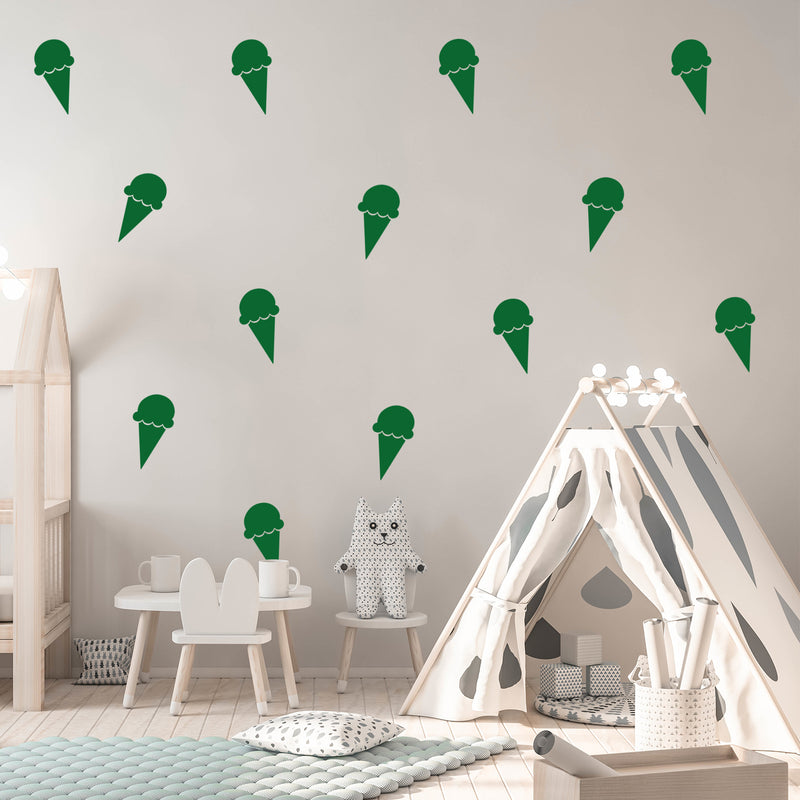 Set of 15 Vinyl Wall Art Decals - Ice Cream Cones - 6.3" x 3" Each - Fun Home Bedroom Living Room Apartment Nursery Playroom - Cute Little Kids Toddler Teens Indoor Decor (6.3" x 3" Each; Green) Green 6.3" x 3" each